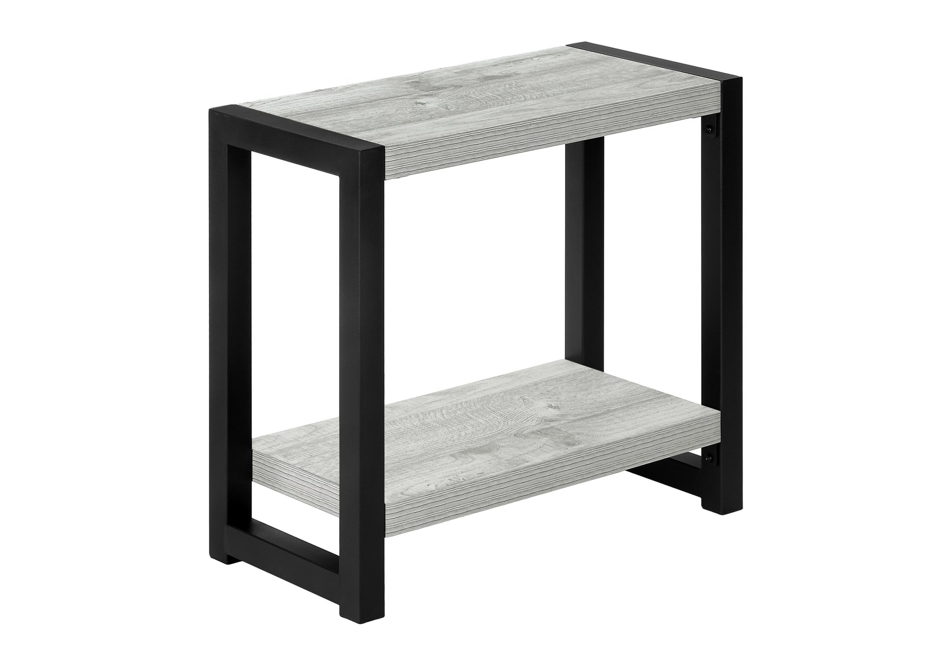 Black metal twotier console table with a distressed gray woodgrain finish