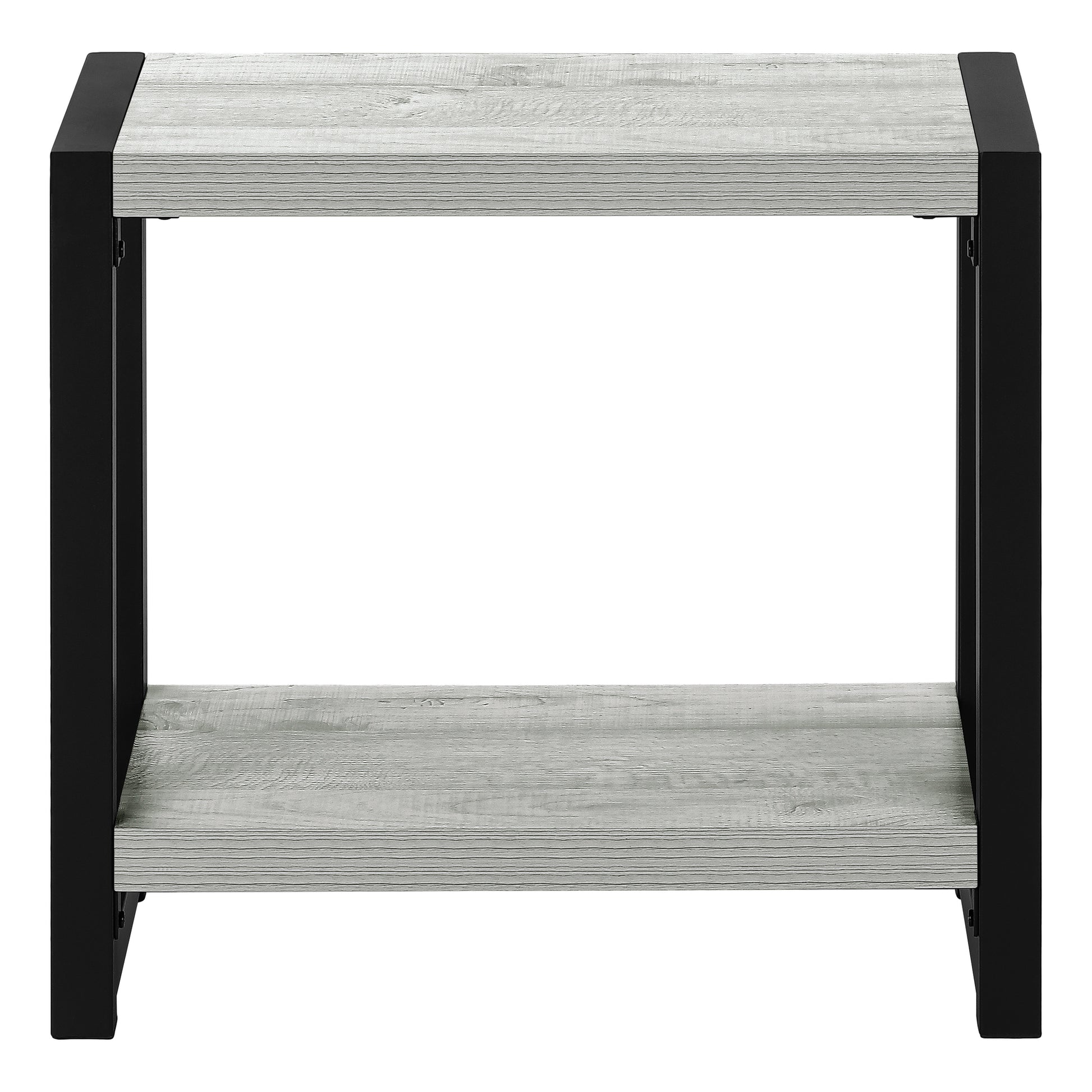 Distressed grey wood finish side table with black metal frame and two shelves