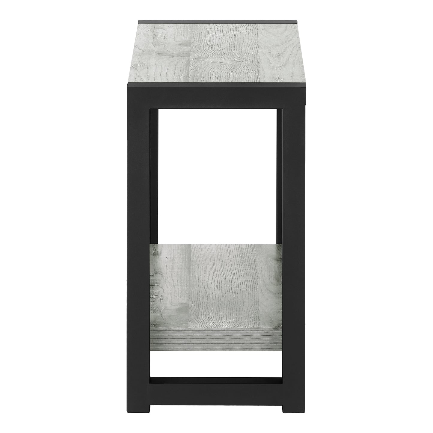 Rustic grey wood and black metal accent table with open shelf