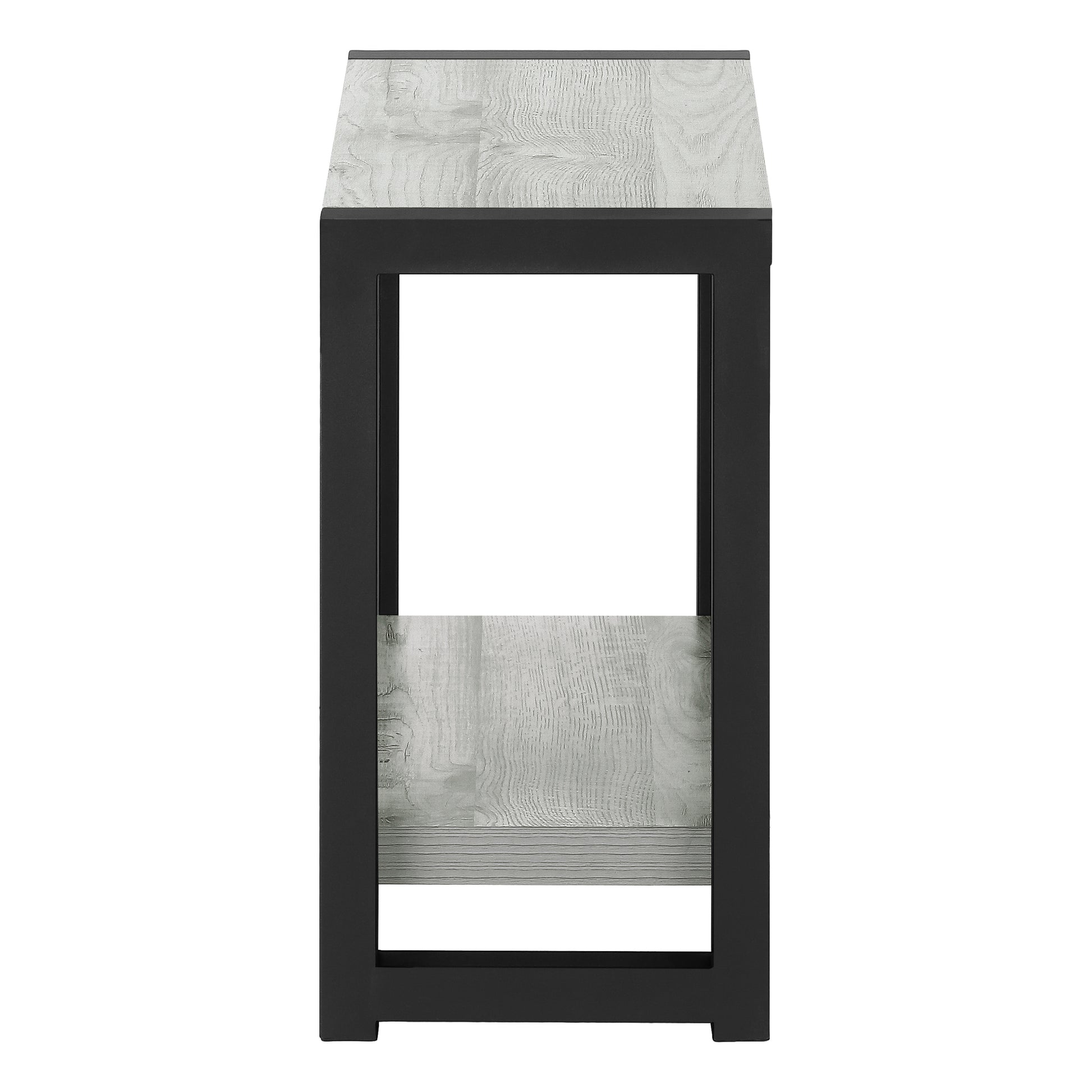 Rustic grey wood and black metal accent table with open shelf
