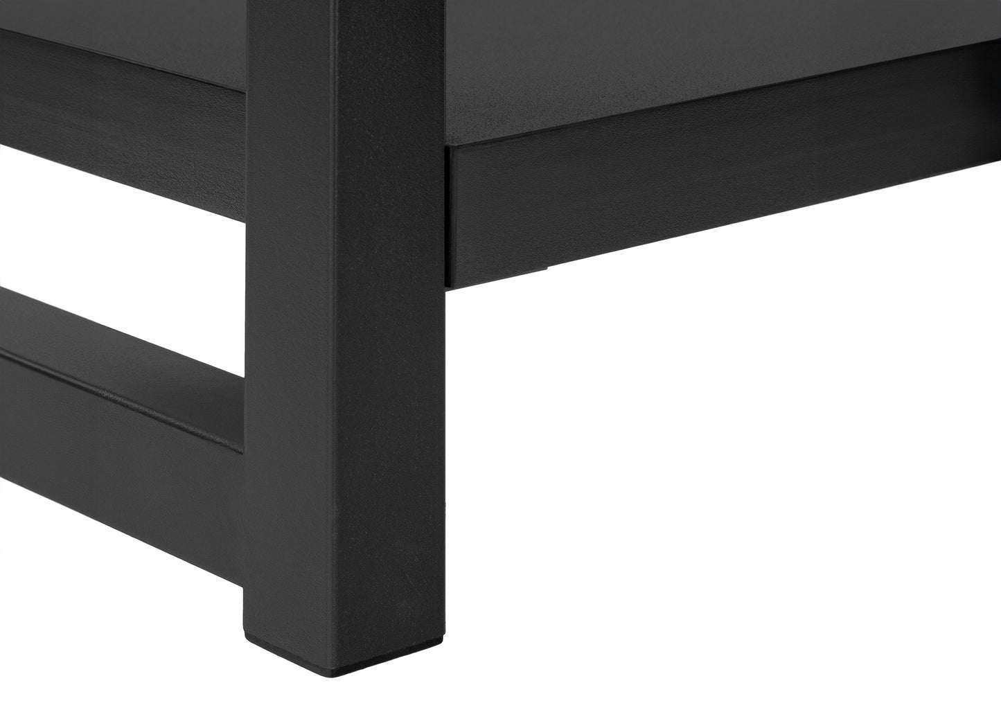 Closeup of matte black metal shelf support with textured surface for stability