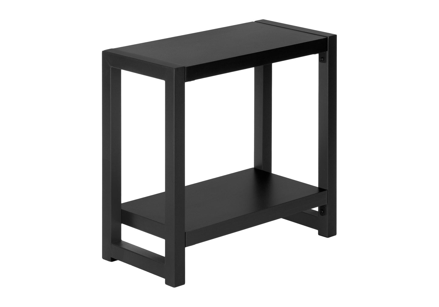 Sleek black metal accent table with two shelves for convenient storage