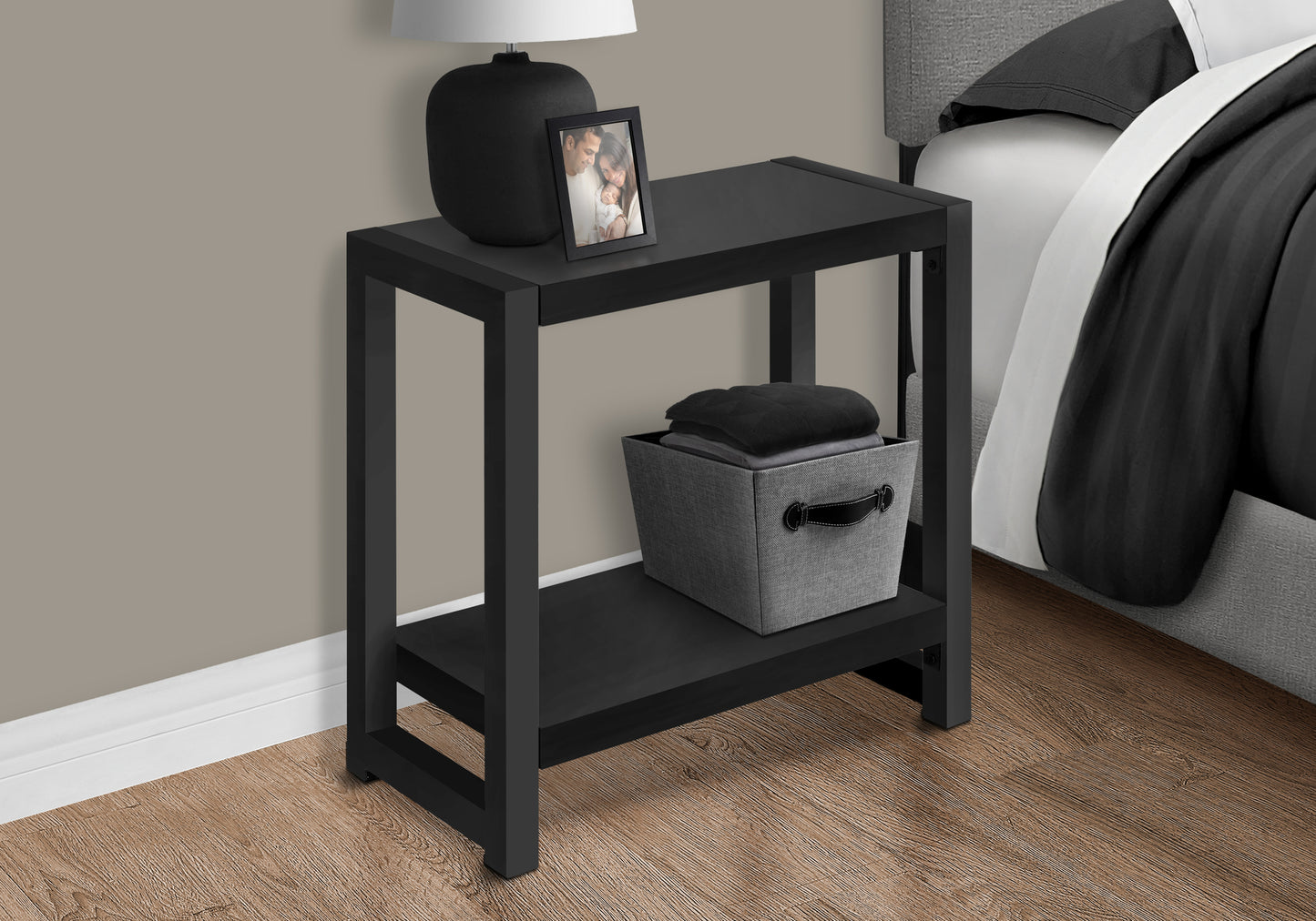 Sleek black modern end table with two shelves perfect for a bedroom nightstand