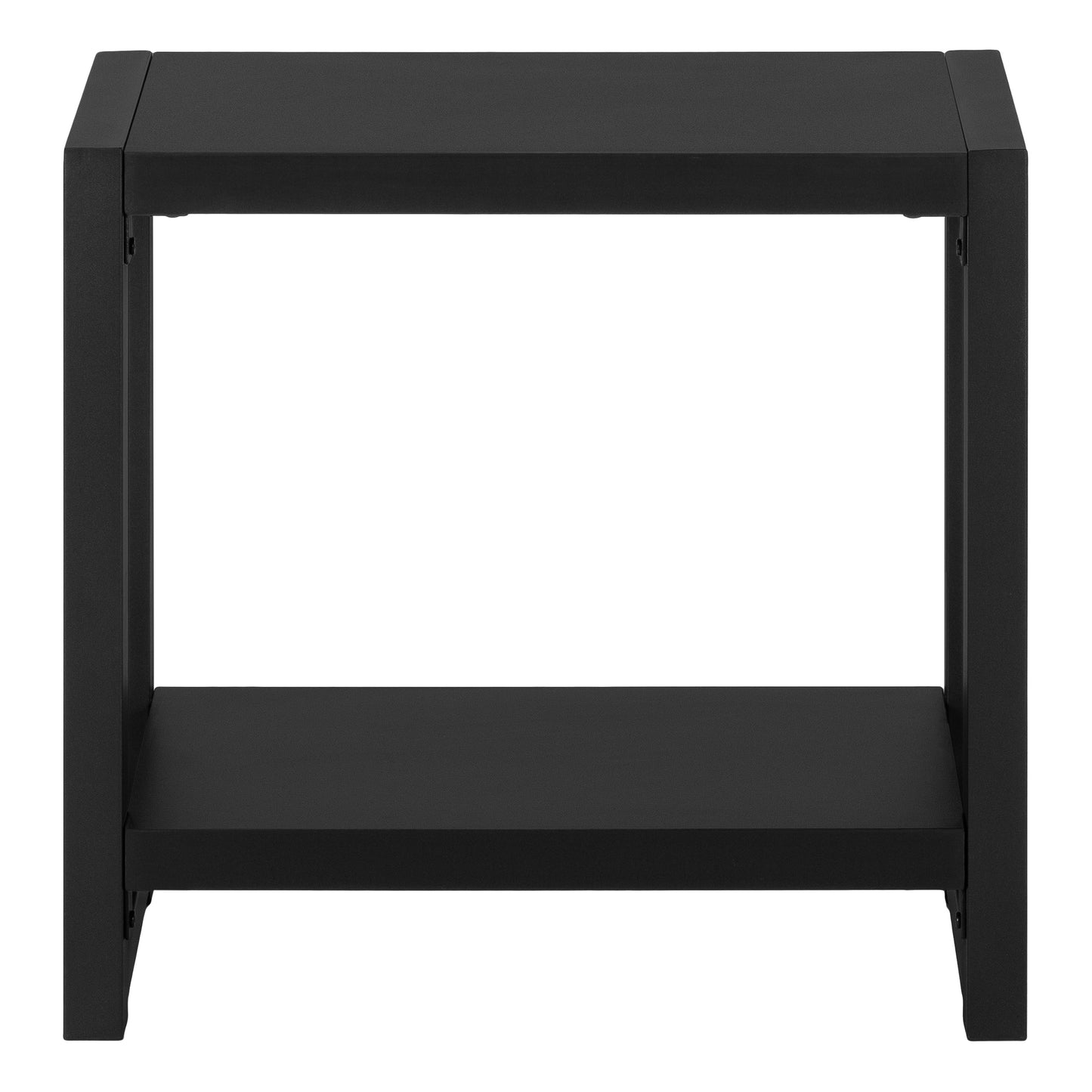 Sleek black metal accent table with two open shelves perfect for modern living spaces