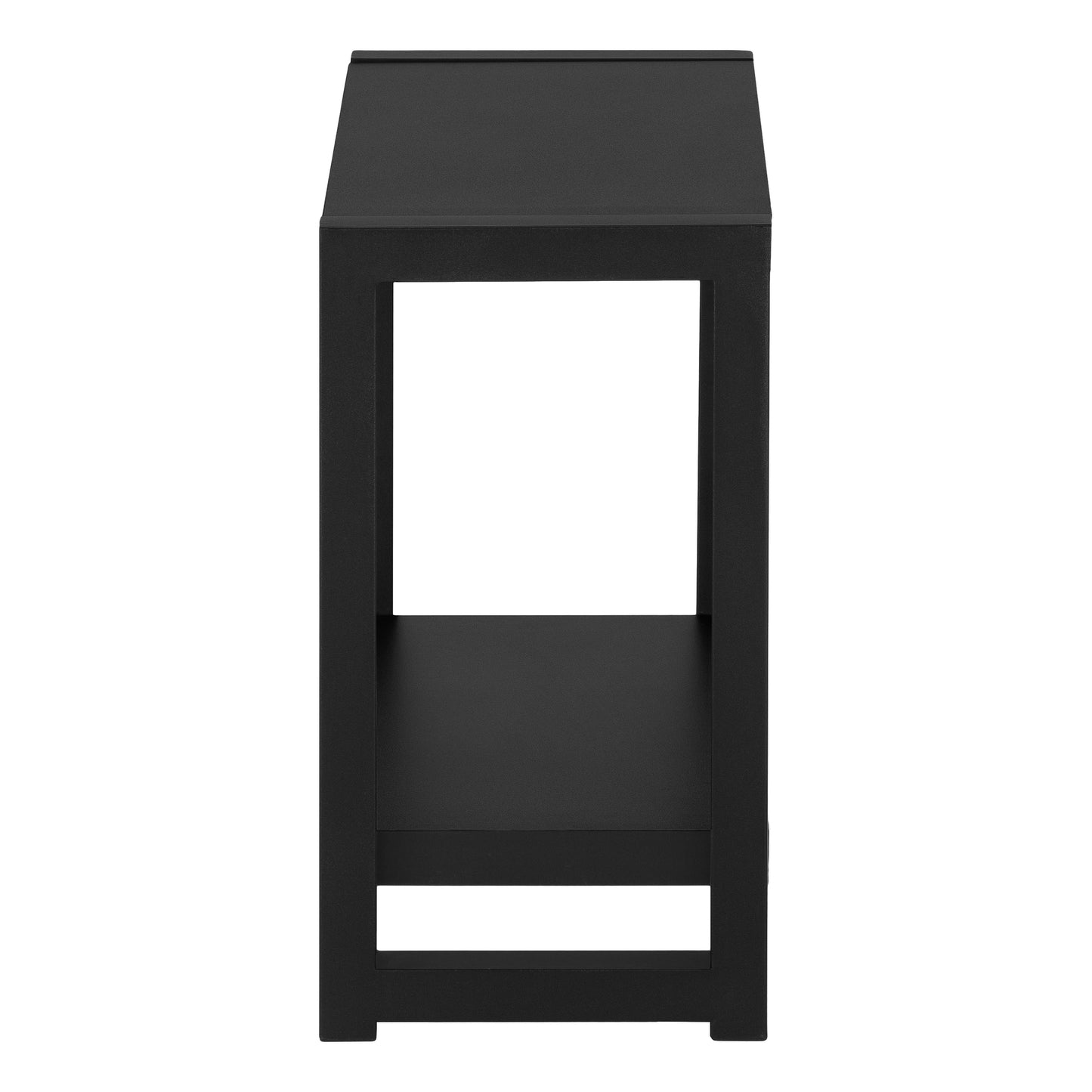 Sleek black metal side table with an open shelf for stylish storage