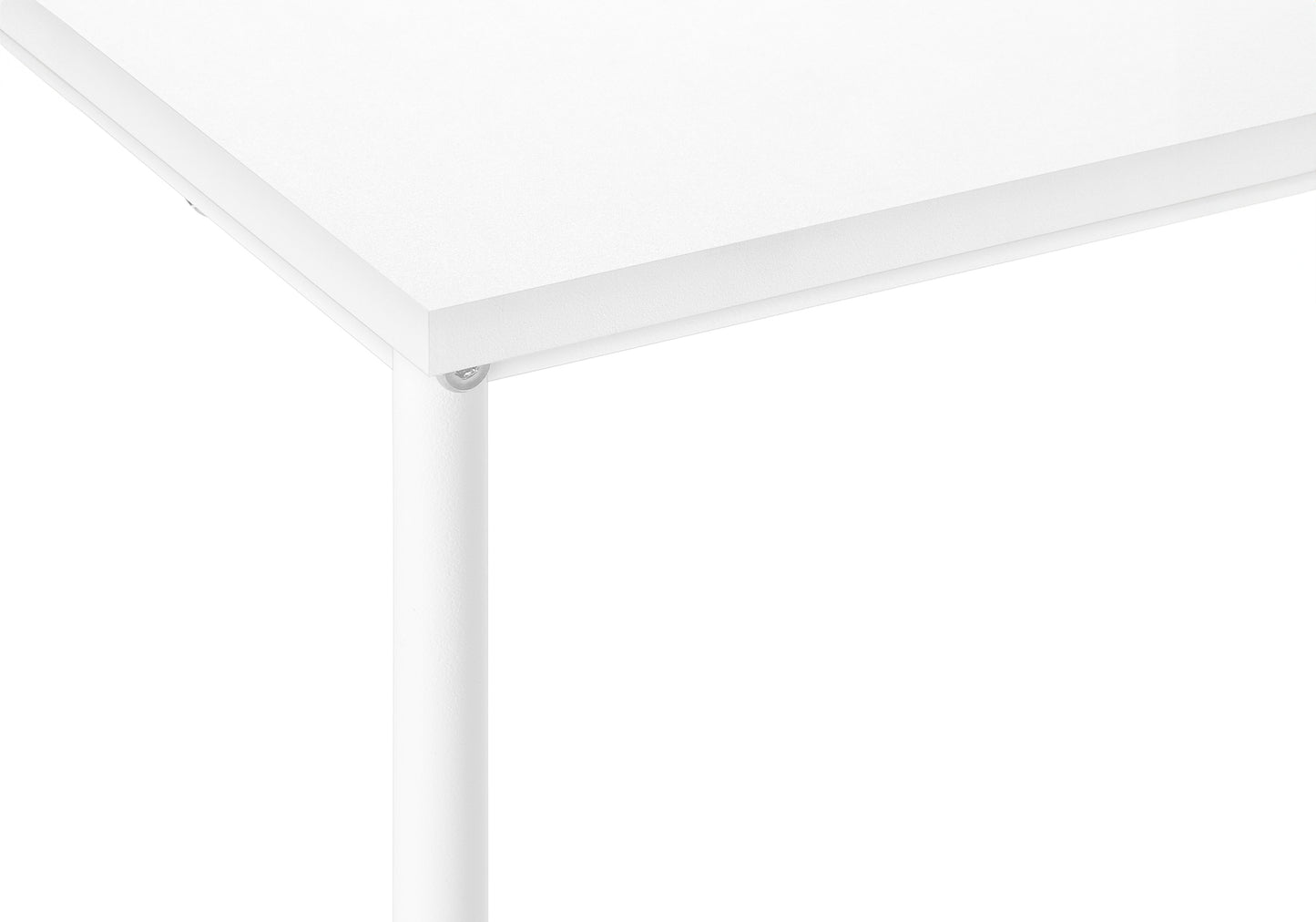 Minimalist white desk corner with smooth laminate finish and metal leg