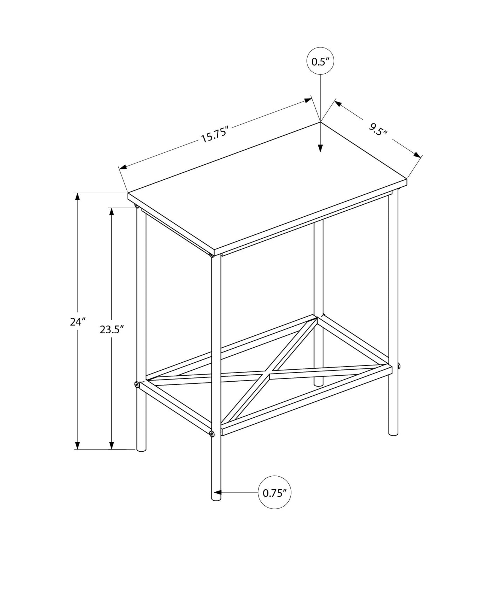 Wireframe diagram of a compact industrial side table with dimensions indicated