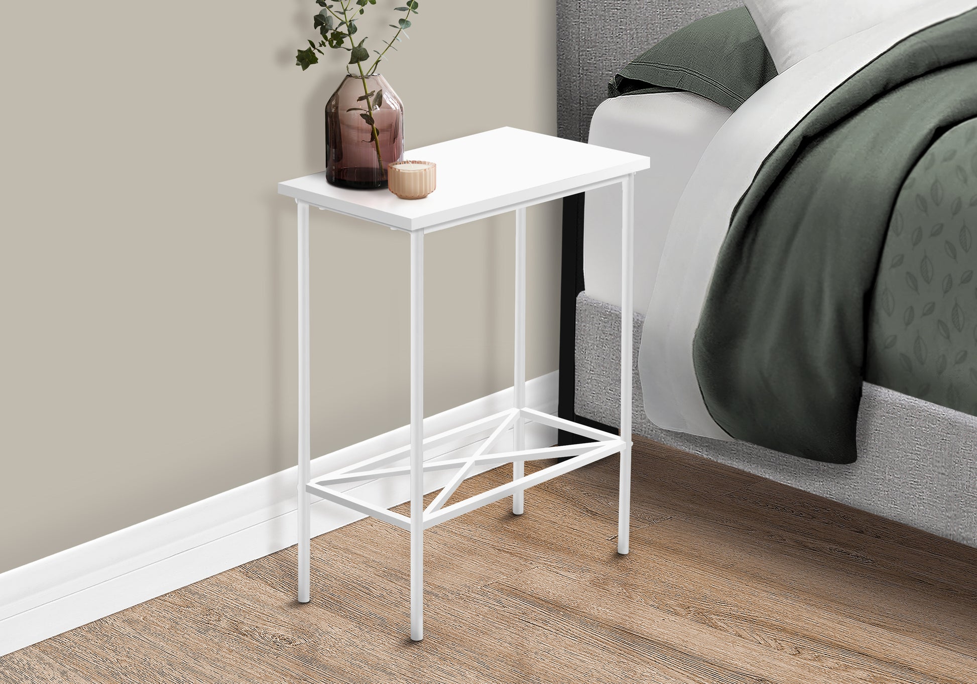 White metal side table with minimalist design and open shelf