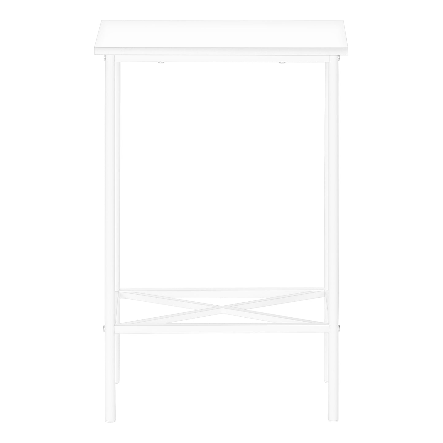 White minimalist console table with slender metal legs and a decorative Xbrace