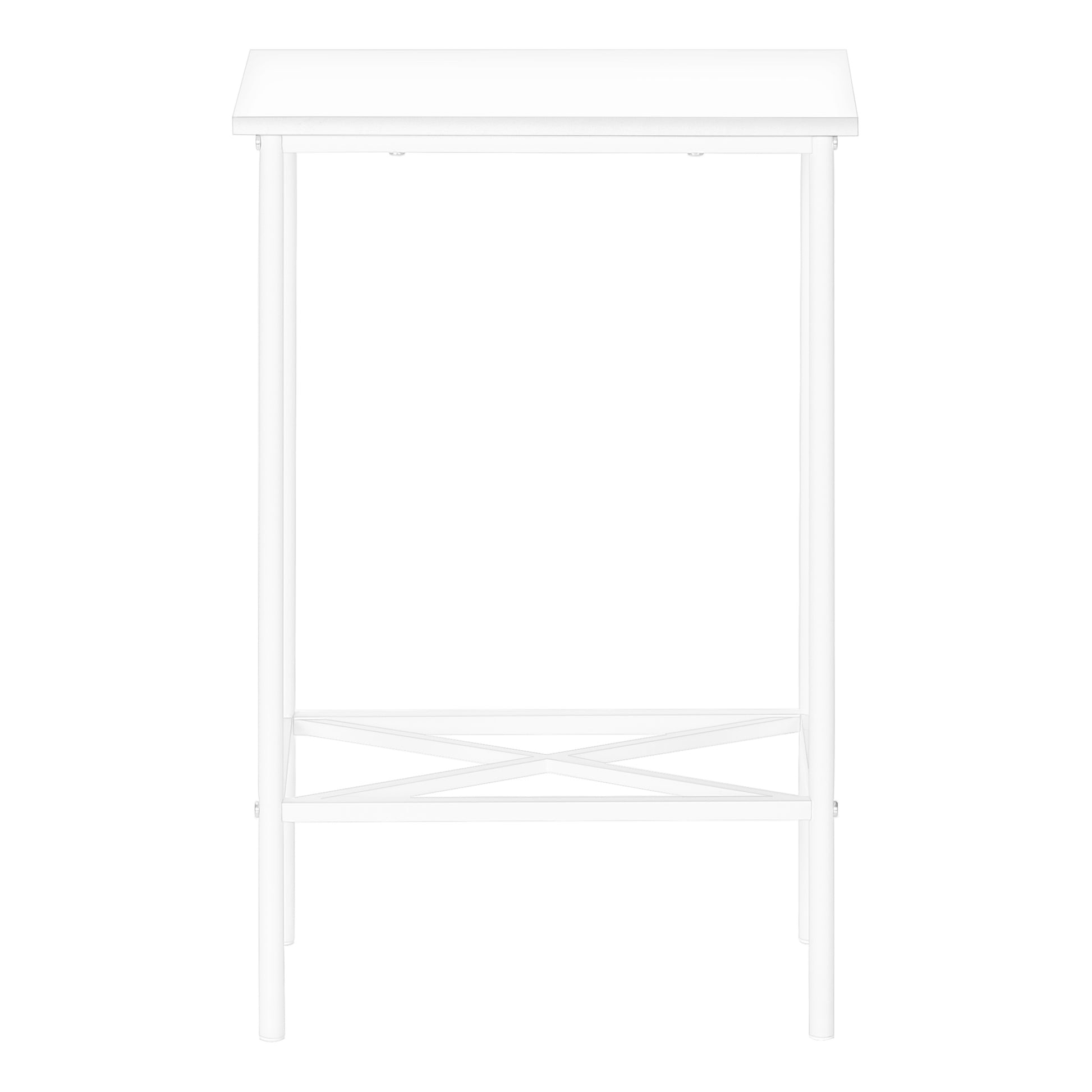 White minimalist console table with slender metal legs and a decorative Xbrace