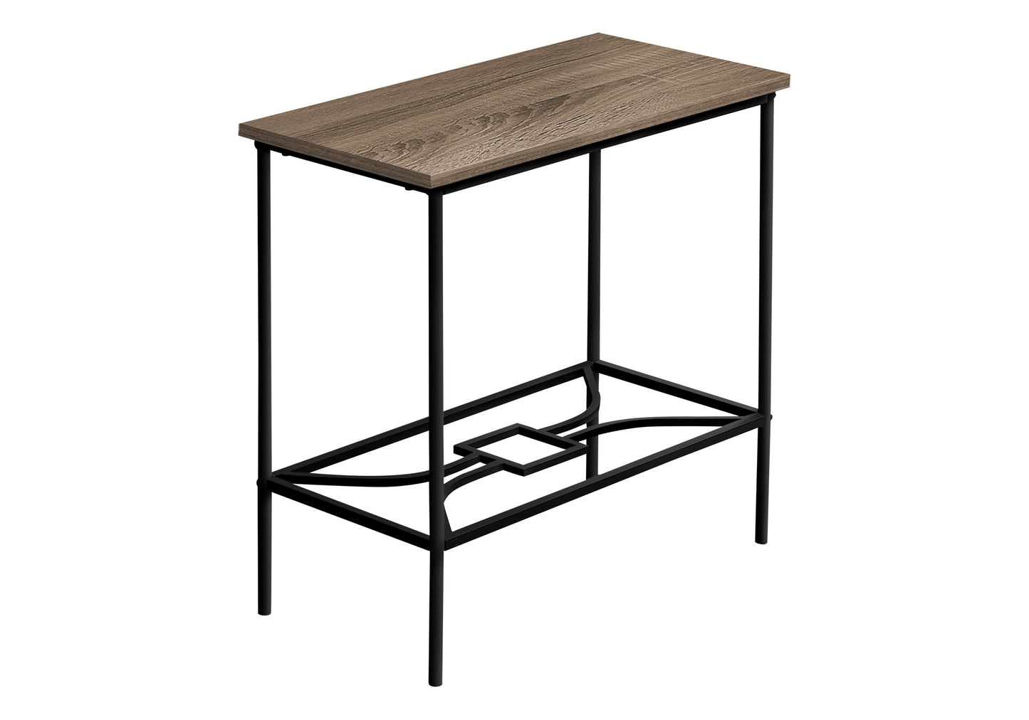 Modern narrow side table with rustic wood top and black metal frame