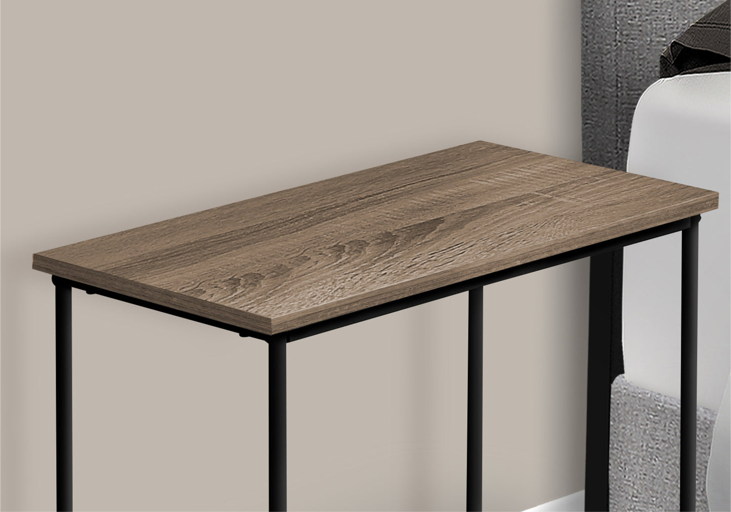 Slim modern accent table with wood grain top and black metal legs