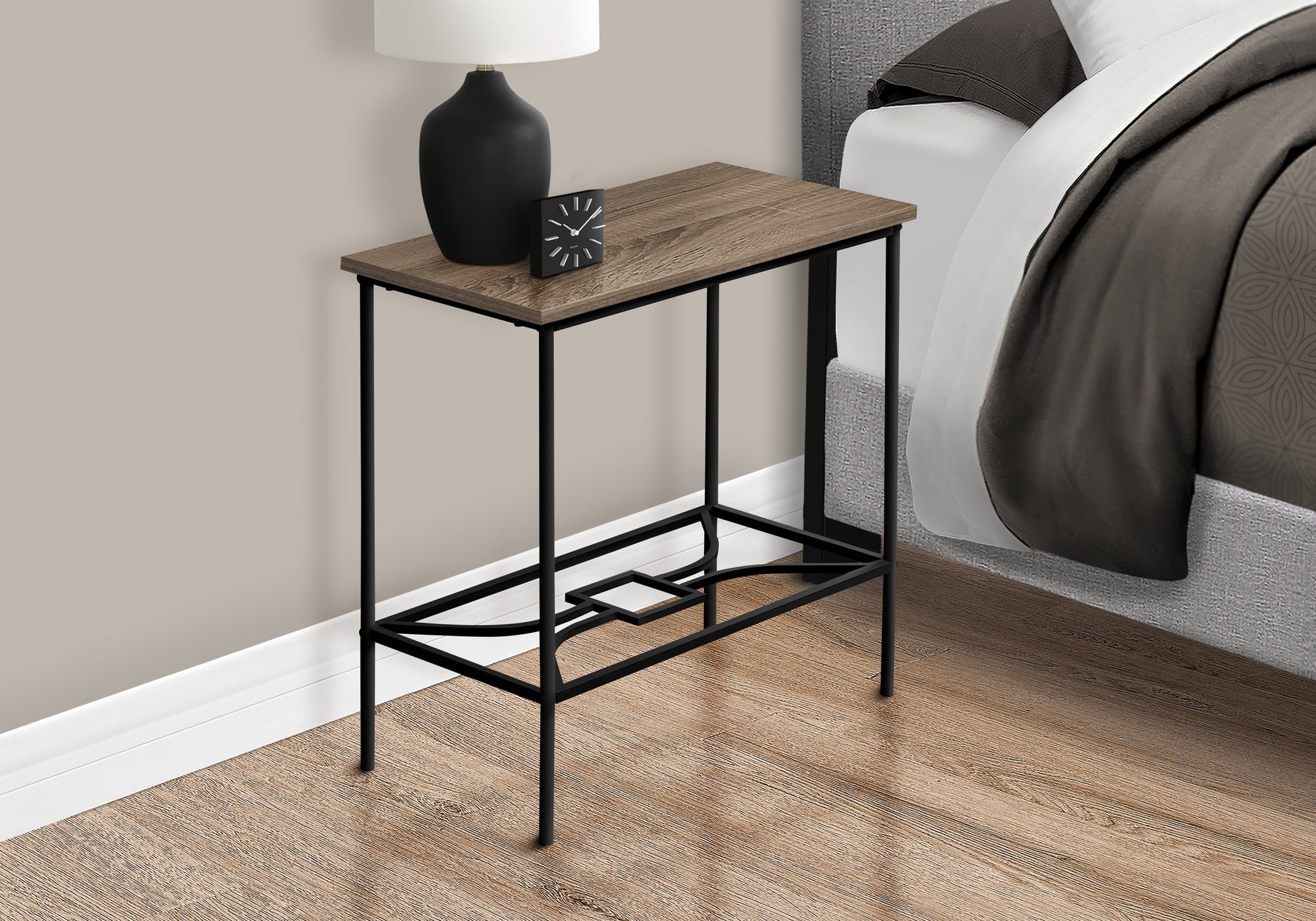 Rustic wood accent table with black metal frame perfect for small spaces