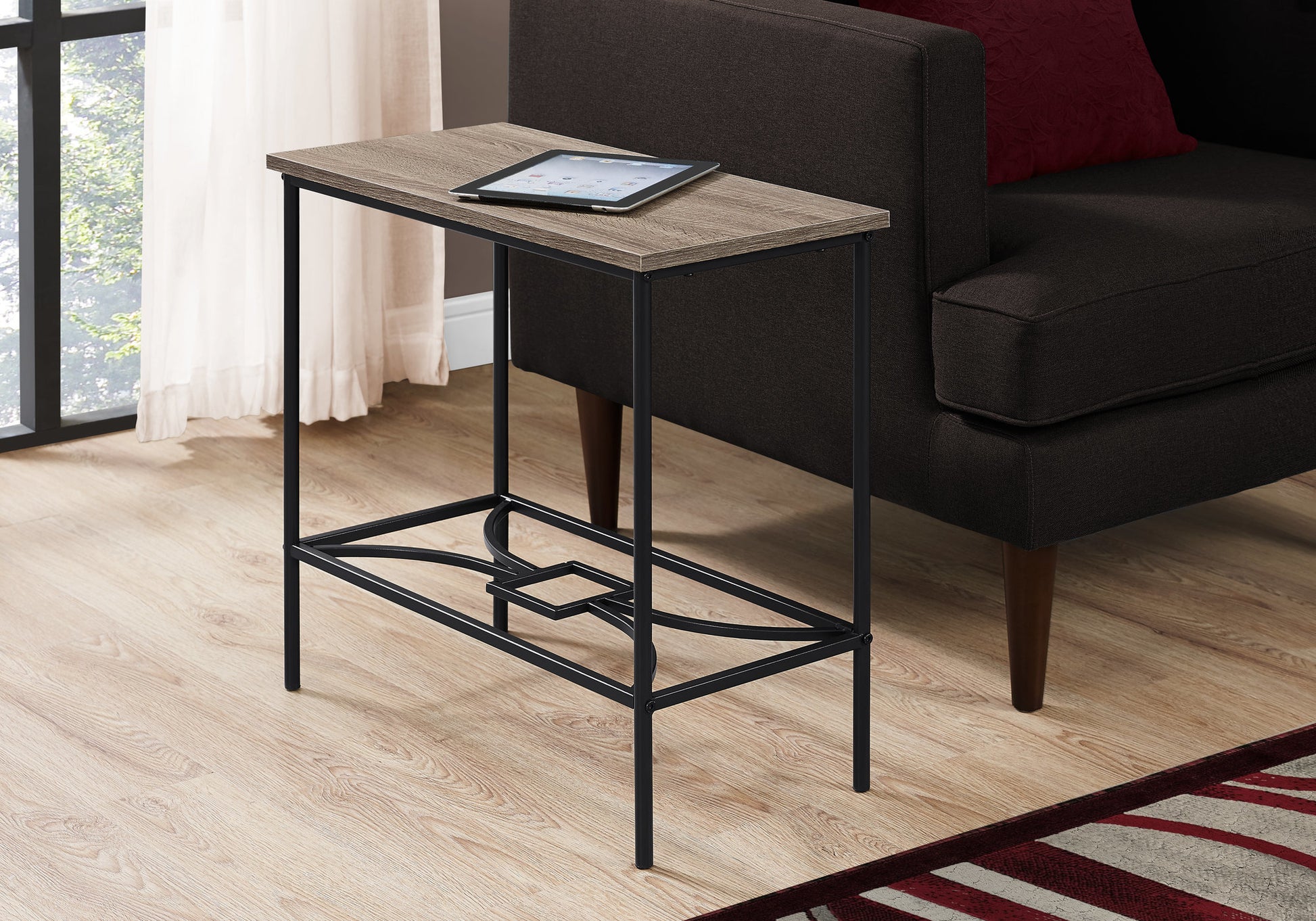 Slim industrial side table with rustic wood top and black metal frame