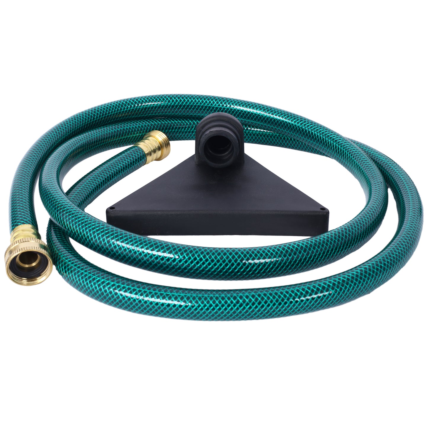 Green garden hose with brass fittings and triangular nozzle attachment