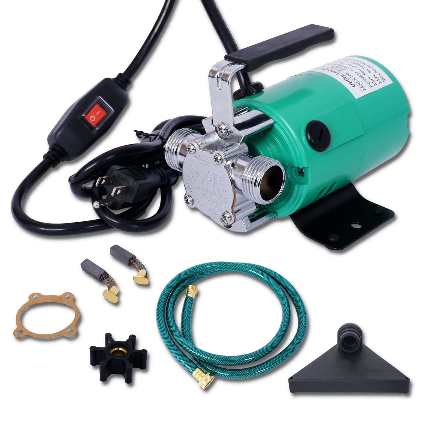 Green V utility transfer pump with chrome fittings and power switch