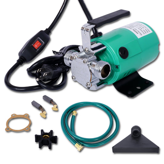 Green V utility transfer pump with chrome fittings and power switch