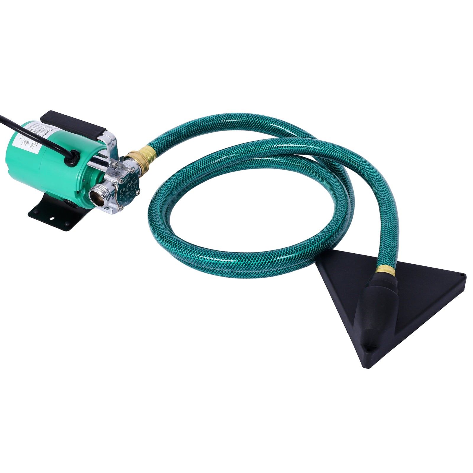 Green electric submersible pump with a coiled green hose and triangular base for fluid transfer