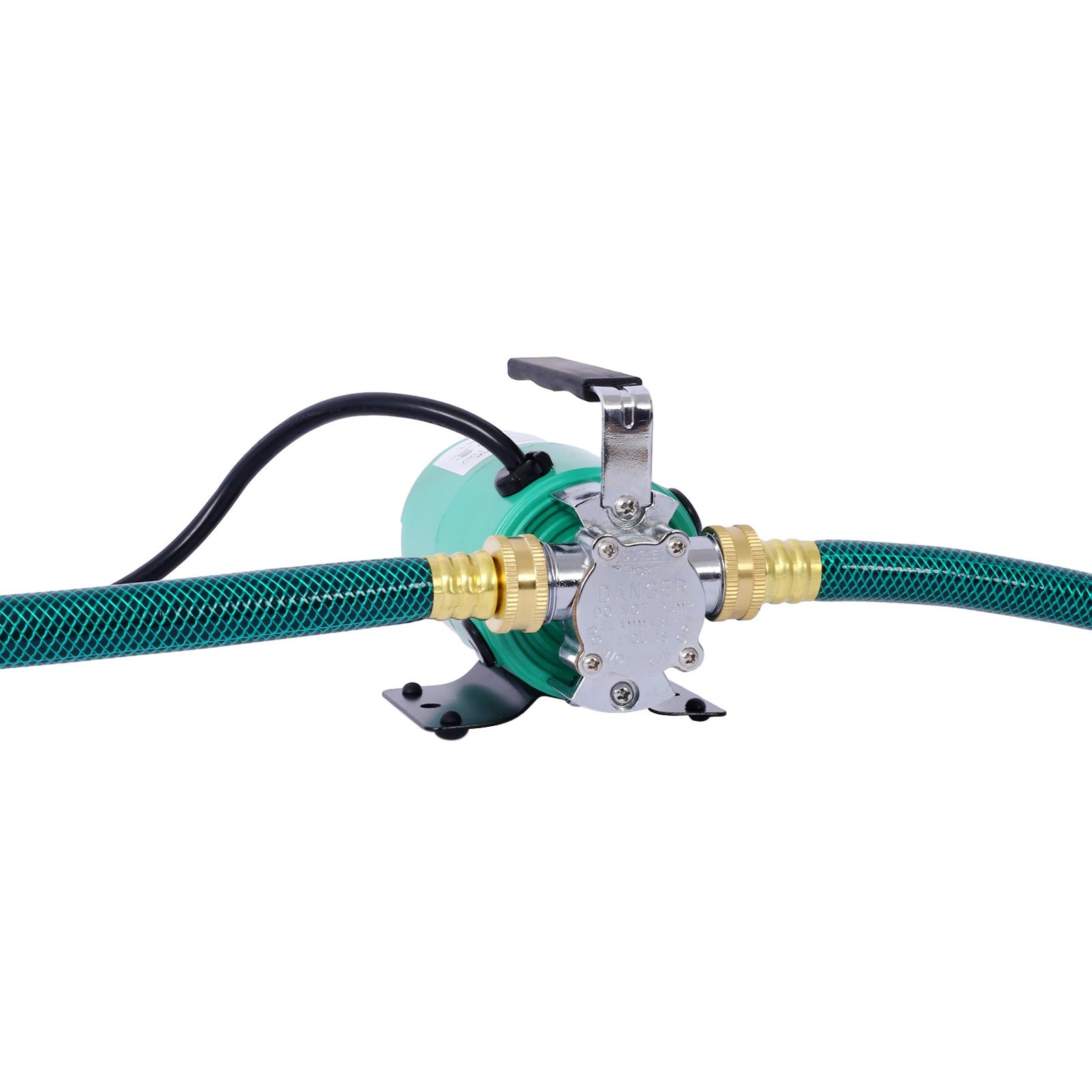 Green portable water pump with brass hose connectors and black power cord for fluid transfer
