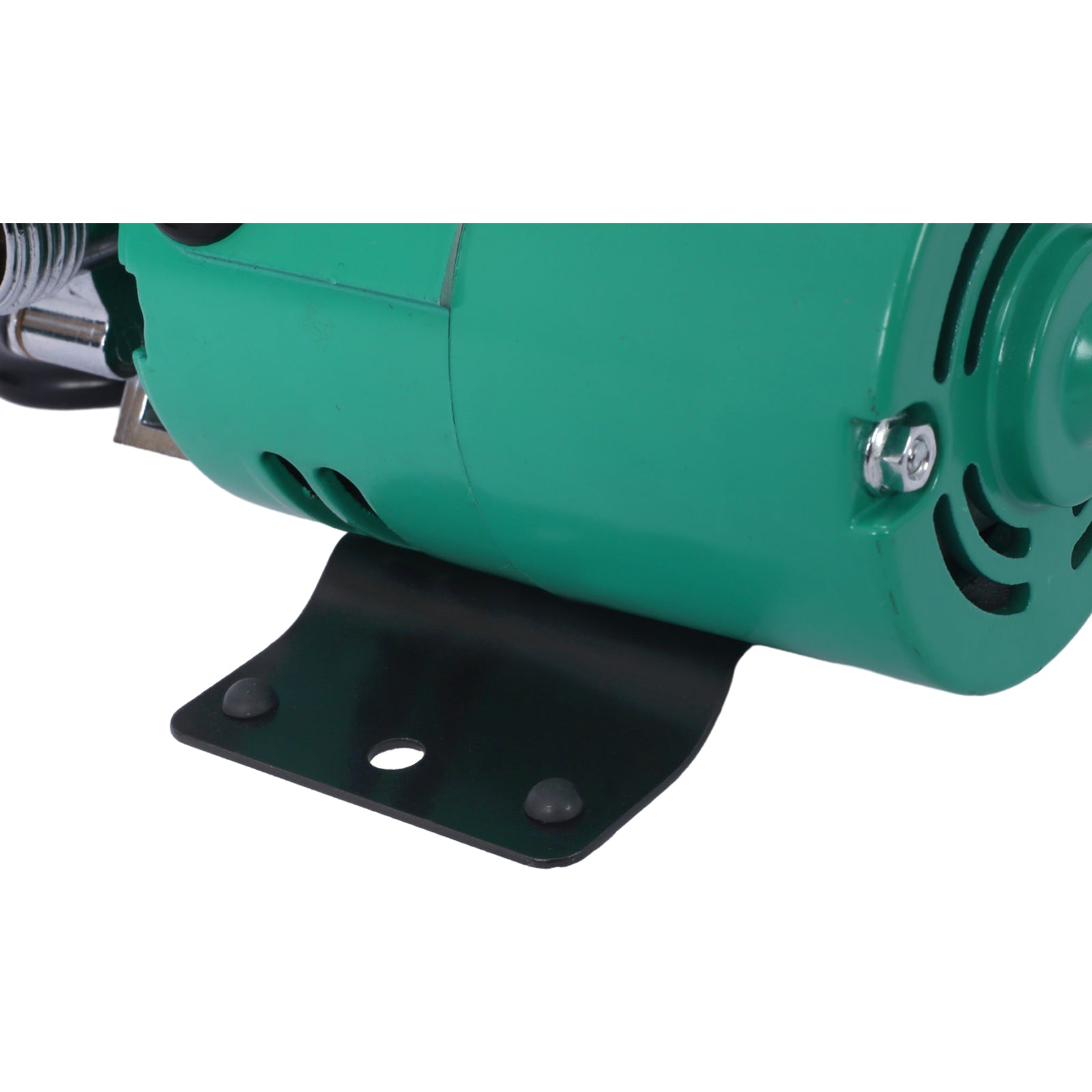 Green electric motor with black mounting bracket and chrome connector