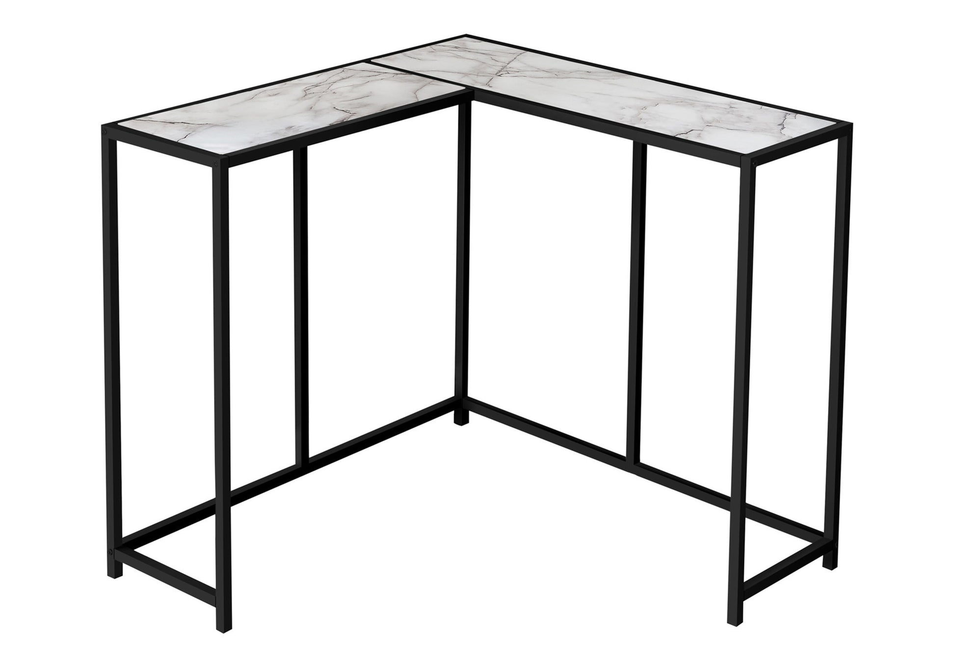 Modern corner accent table with white marble top and black metal frame