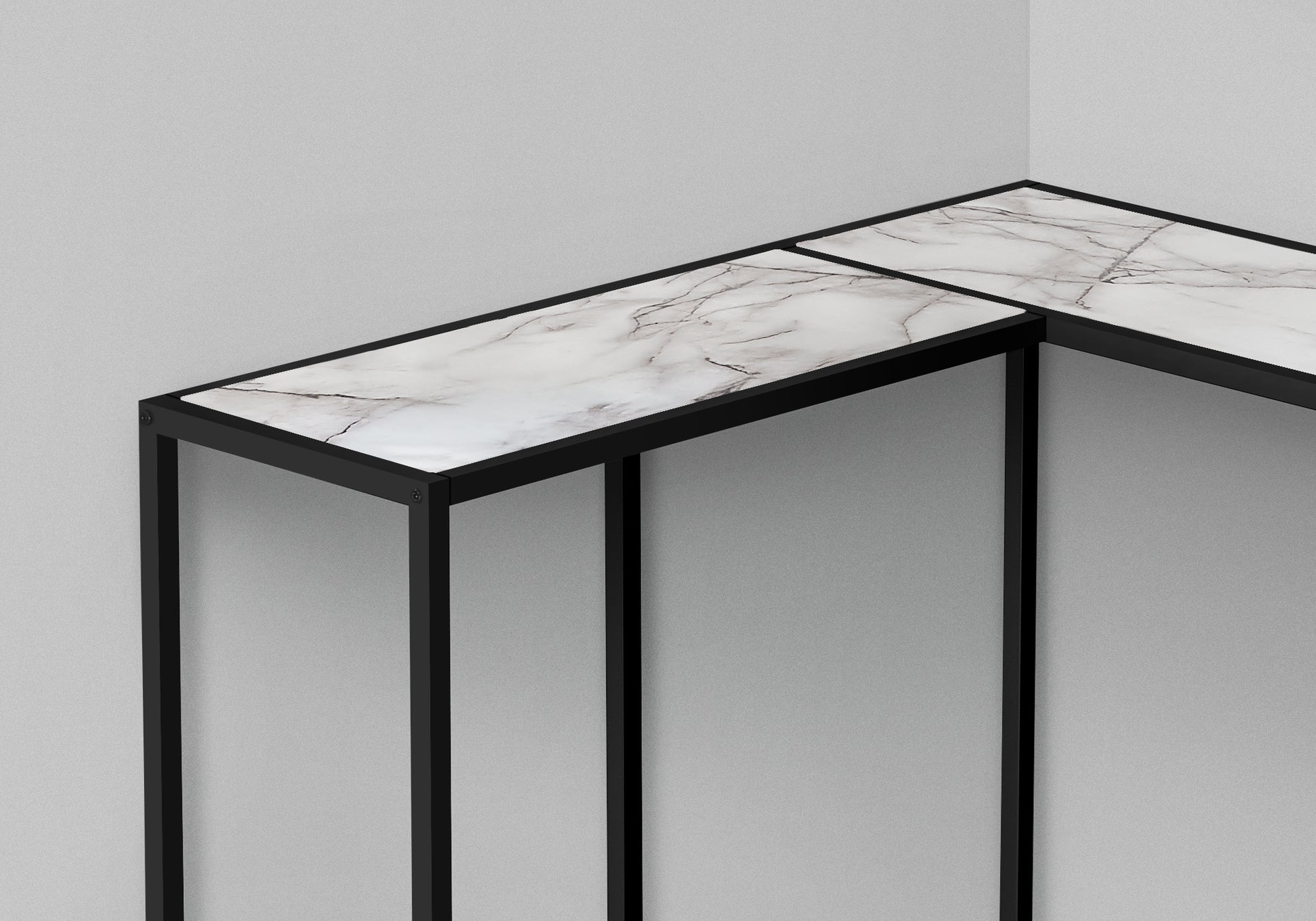 Modern corner desk with white marble top and sleek black metal frame for home office