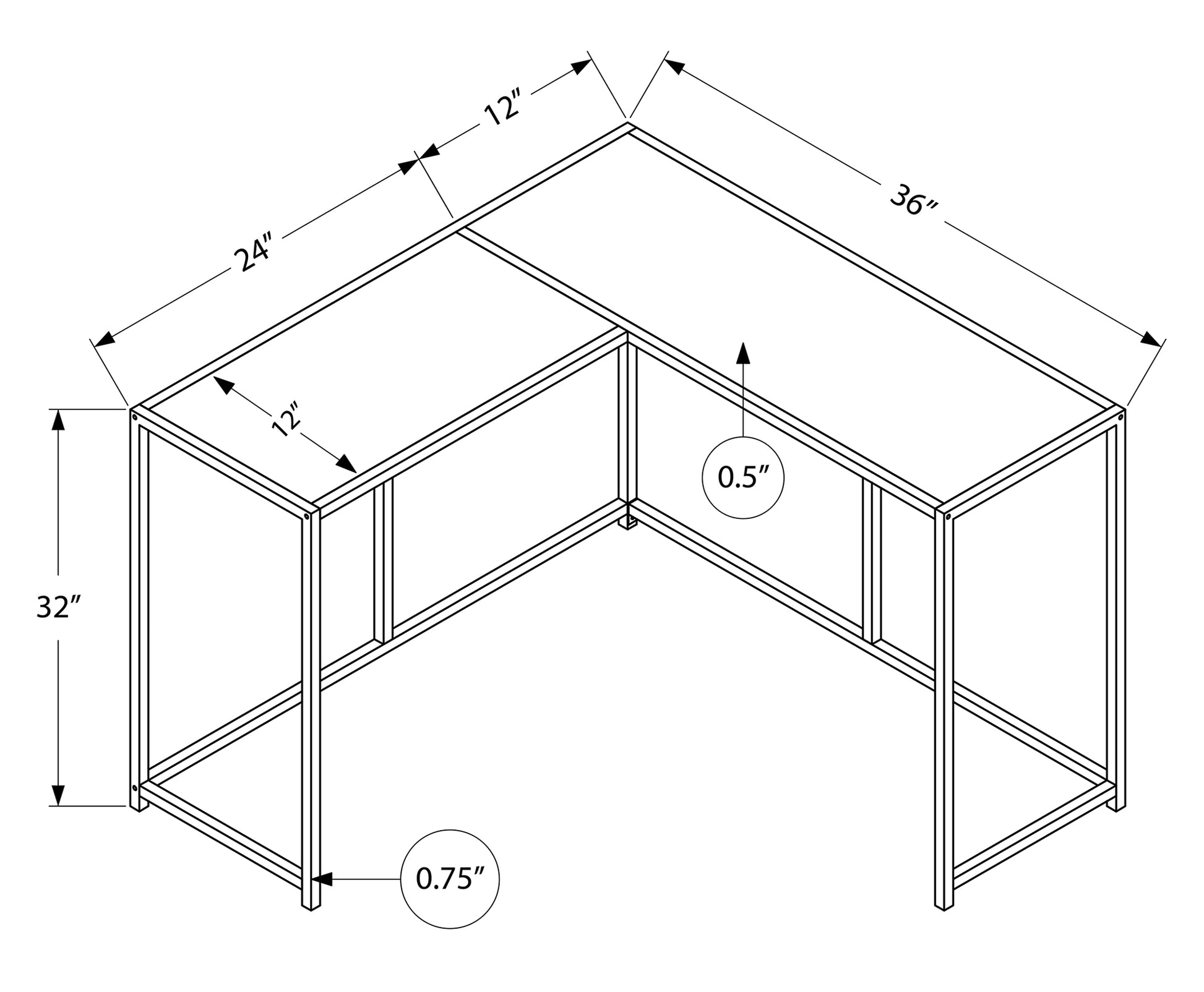Technical drawing of a modern Lshaped desk with dimensions labeled