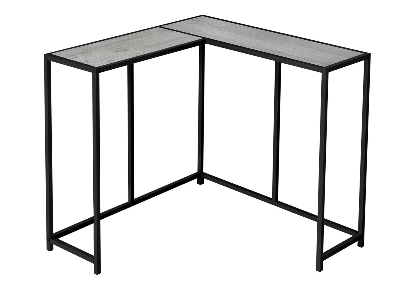 Modern gray wood Lshaped console table with black metal frame ideal for entryway