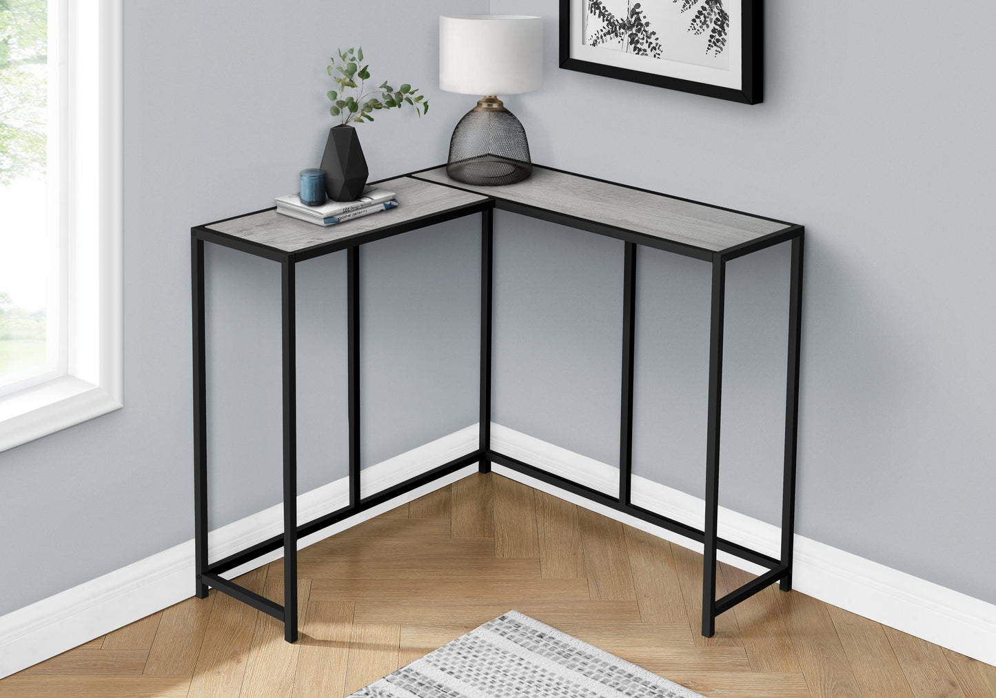 Modern grey wood corner console table with black metal frame