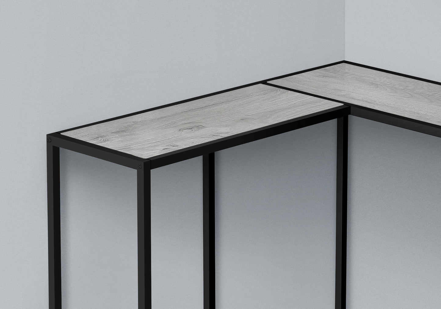 Industrial corner console table with weathered wood top and black metal frame