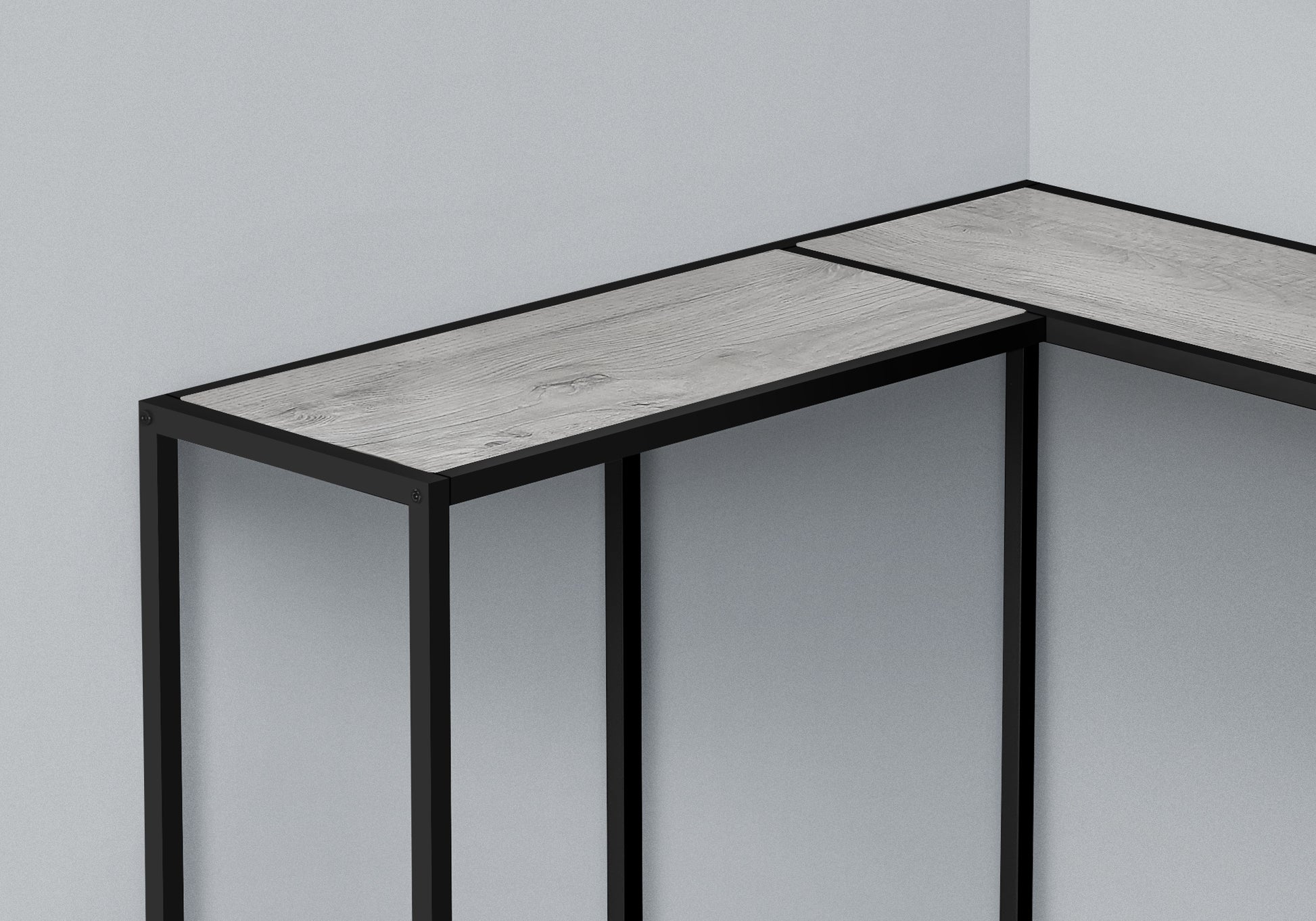 Industrial corner console table with weathered wood top and black metal frame