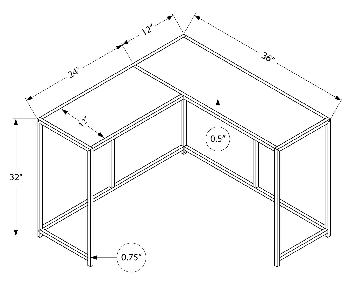 Lshaped desk diagram with dimensions x inches height  inches