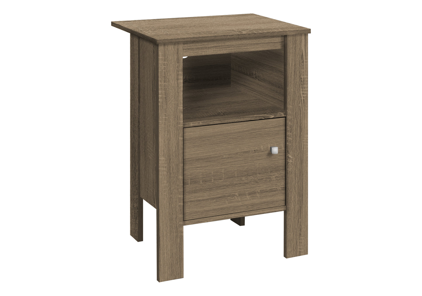 Modern oak veneer nightstand with open shelf and single cabinet door for bedroom storage