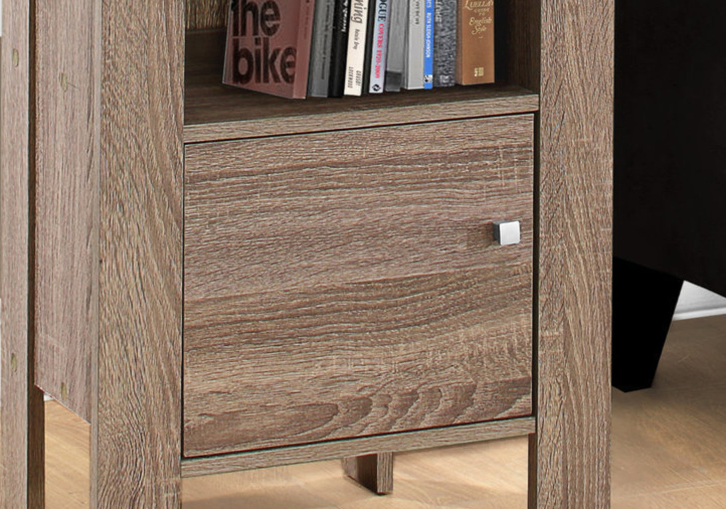 Rustic oak wood nightstand with one drawer and brushed metal knob