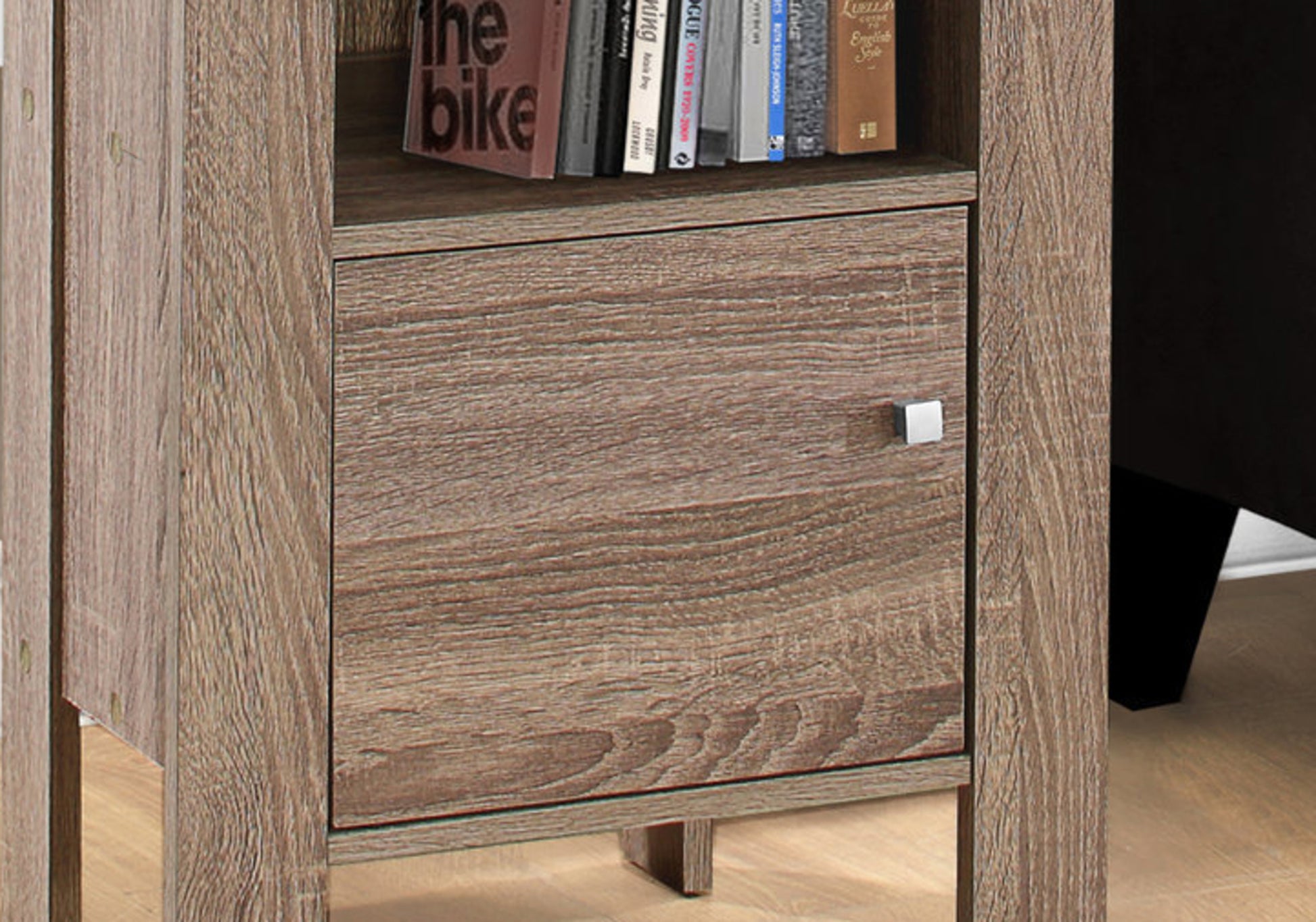 Rustic oak wood nightstand with one drawer and brushed metal knob
