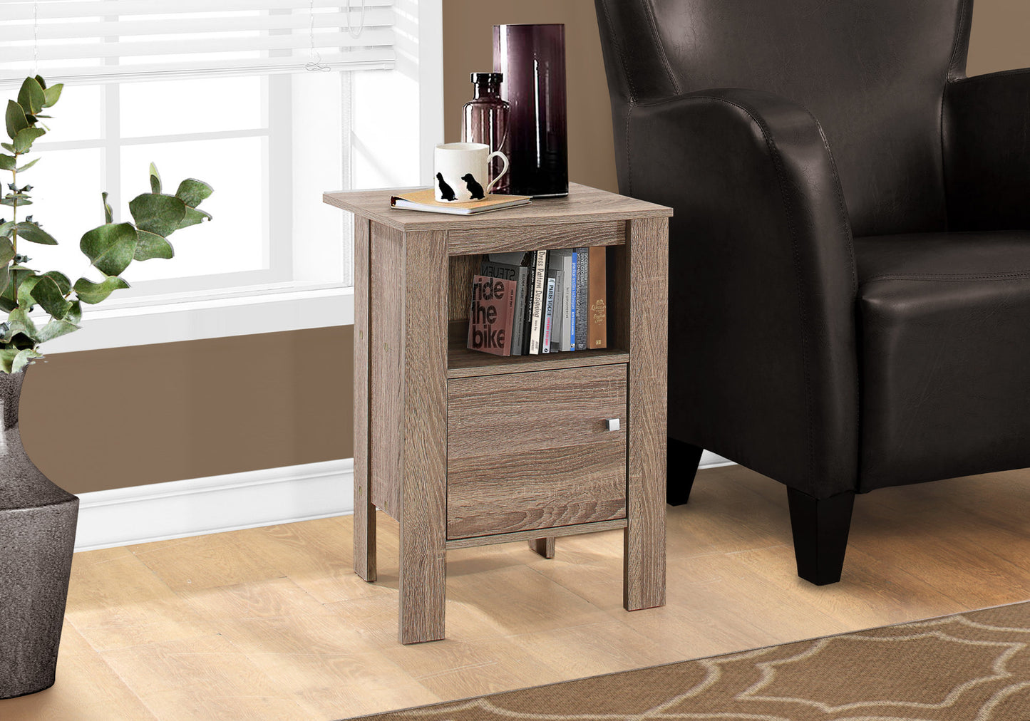 Modern oak veneer nightstand with one drawer and open shelf holding decorative items