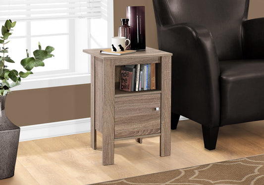 Modern oak veneer nightstand with one drawer and open shelf holding decorative items