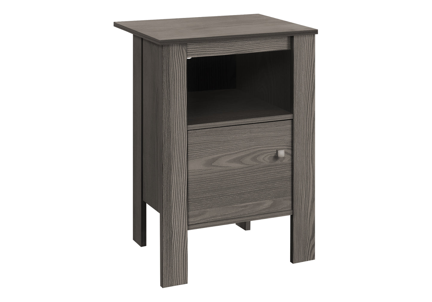 Gray wood nightstand with one drawer and open shelf