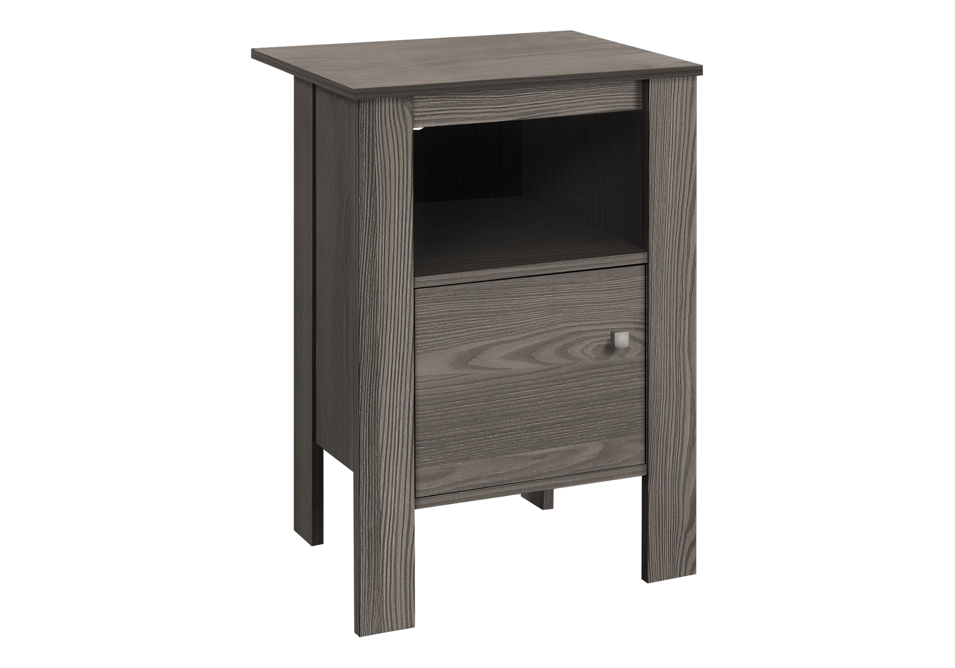 Gray wood nightstand with one drawer and open shelf