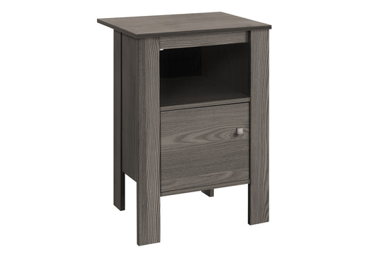 Gray wood nightstand with one drawer and open shelf