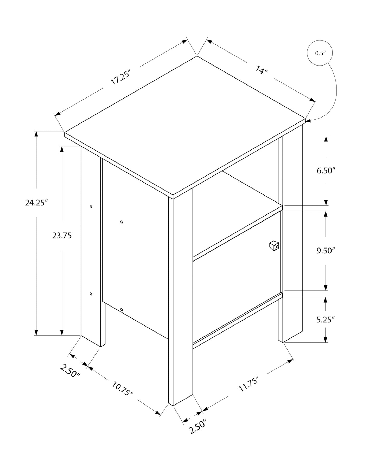 Line drawing of a white accent table with dimensions This accent table features a single drawer and open shelf