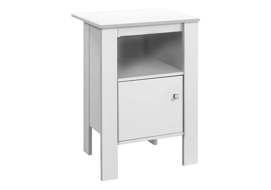 White wooden bedside table with an open shelf and a cabinet door