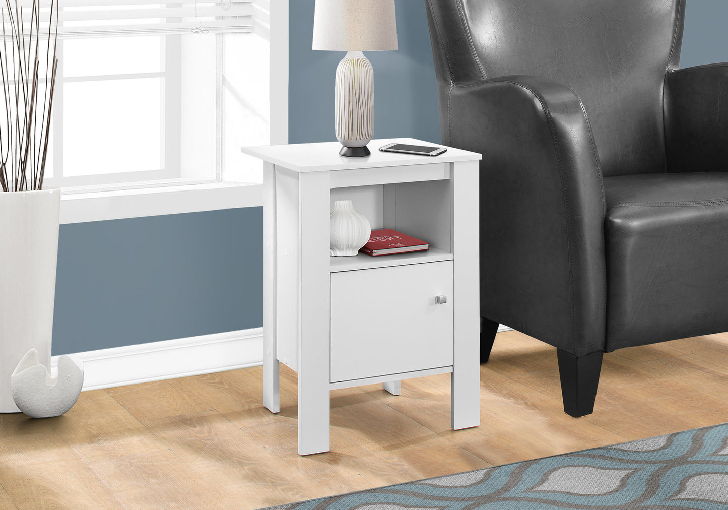 Compact white nightstand with drawer and shelf ideal for small spaces