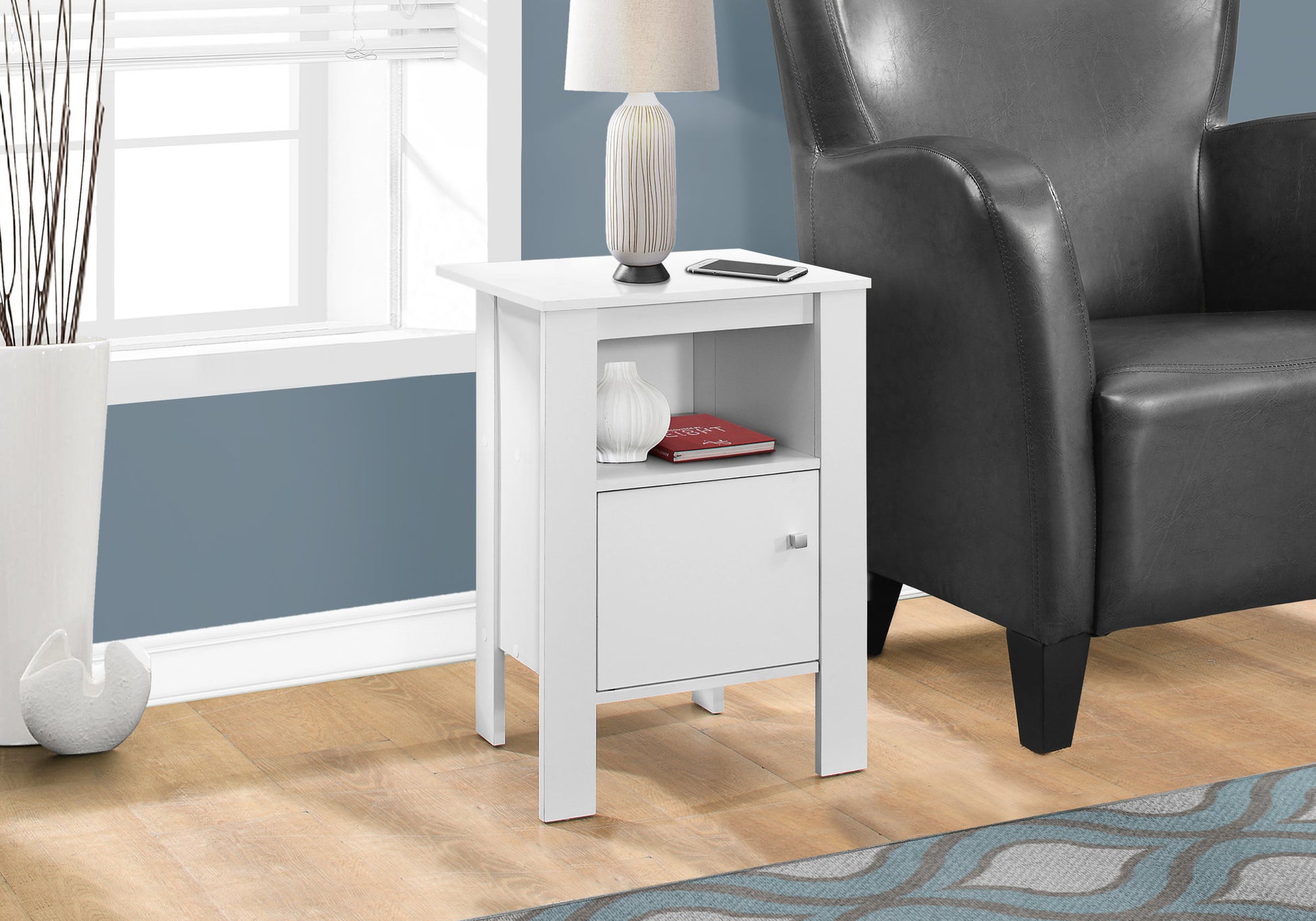 Compact white nightstand with drawer and shelf ideal for small spaces