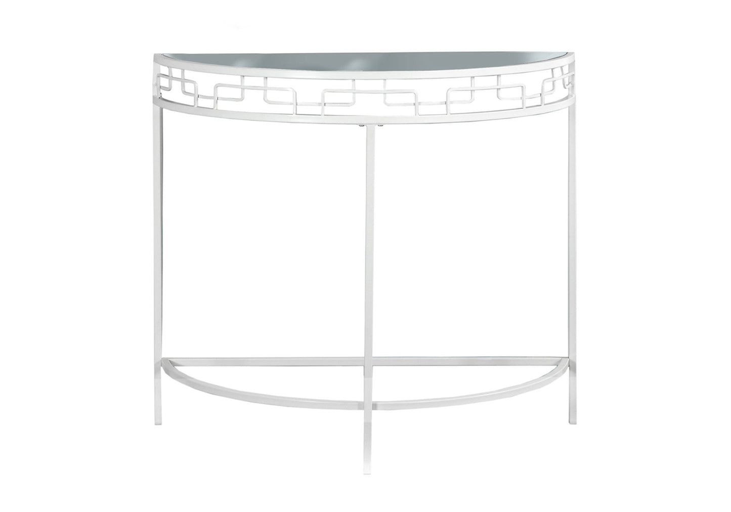 White metal demilune console table with geometric fretwork and glass top
