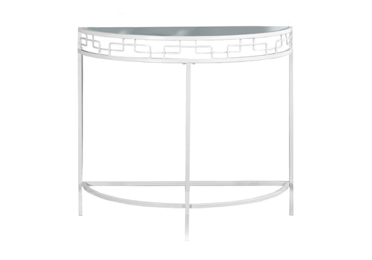 White metal demilune console table with geometric fretwork and glass top