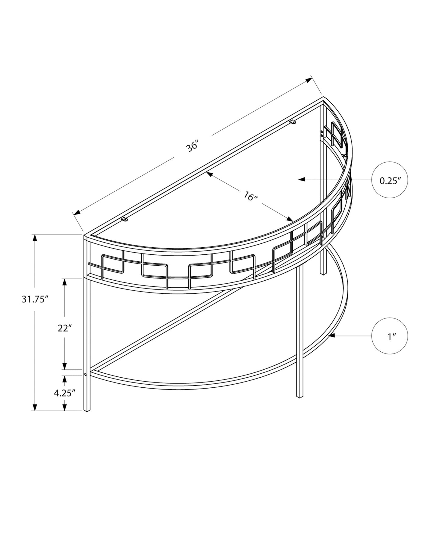 Line drawing of a silver halfmoon accent table with decorative metal railing detail