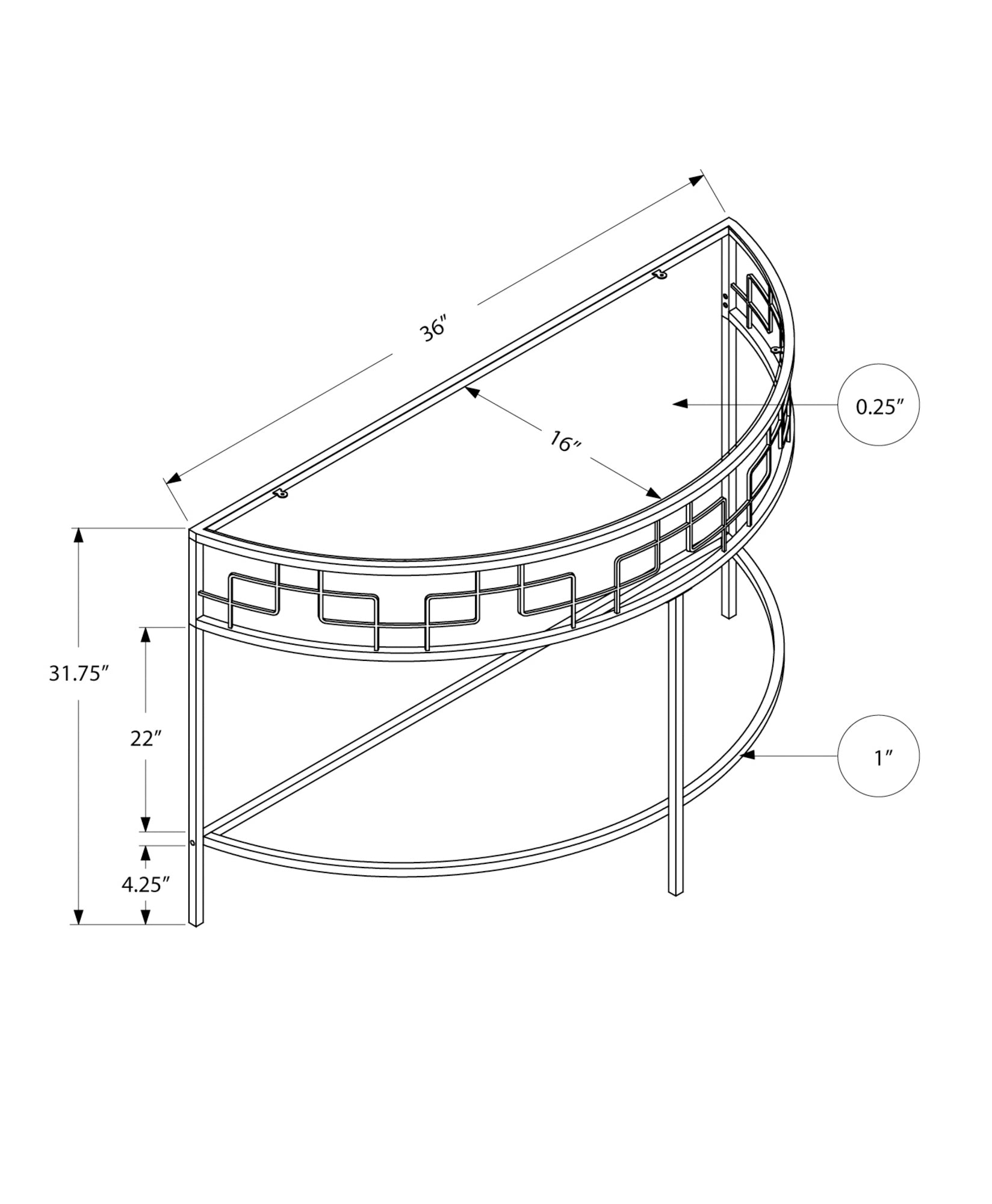 Line drawing of a silver halfmoon accent table with decorative metal railing detail