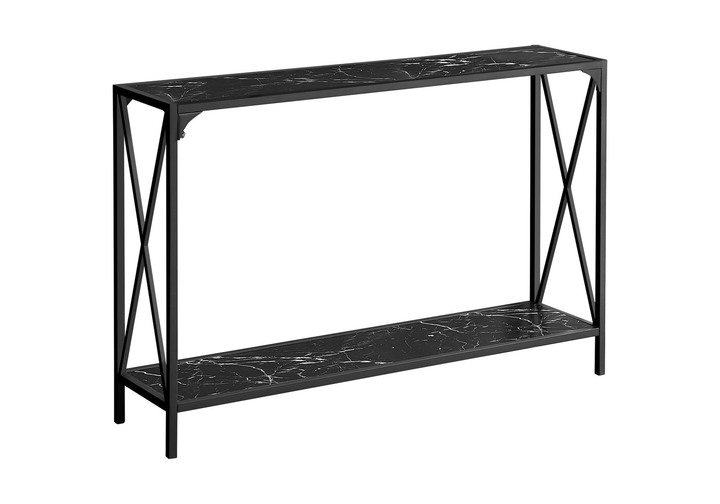 Black marble console table with two shelves and a modern metal frame