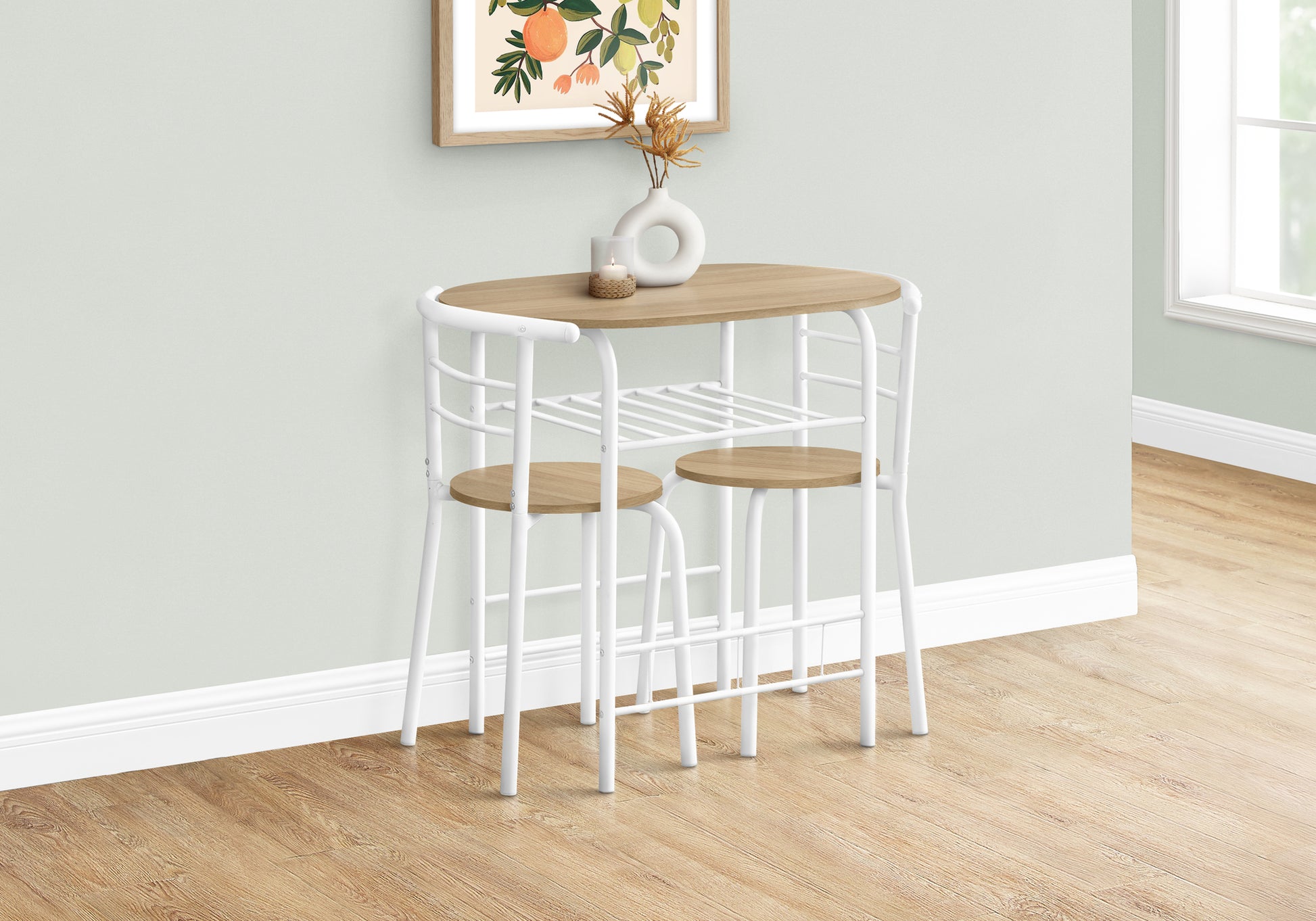 Compact white metal breakfast bar with wooden top and two stools ideal for small kitchens